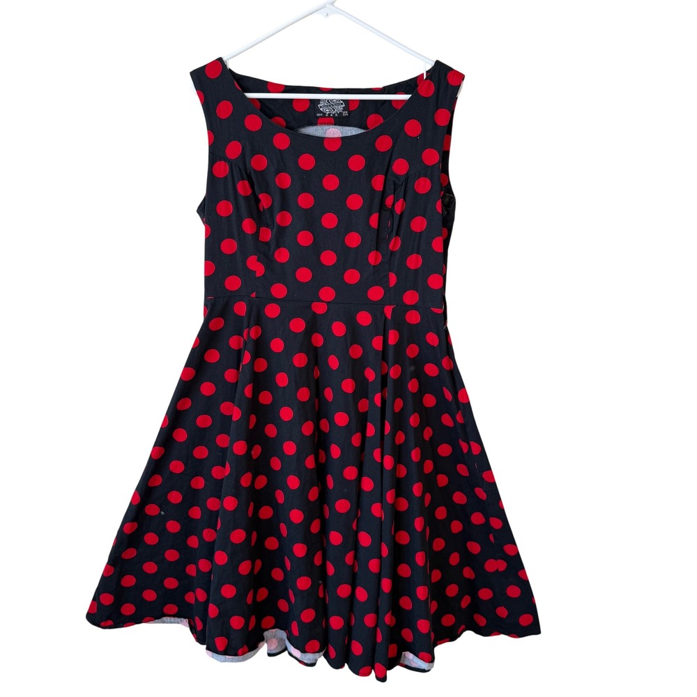 Hearts & Roses Polka Dot Rockabilly Swing Dress Black‎ Red USA 14 Pinup Retro
